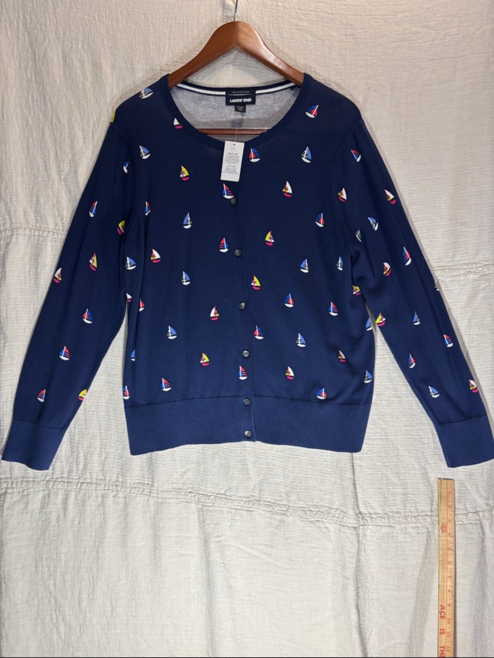 Lands' End Navy Cardigan with Multicolor Sailboat Print 100% Supima Cotton NWT